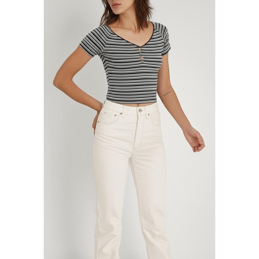 IWLOVESMC Womens Small Henley Top Striped Ribbed Knit V Neck Casual Style